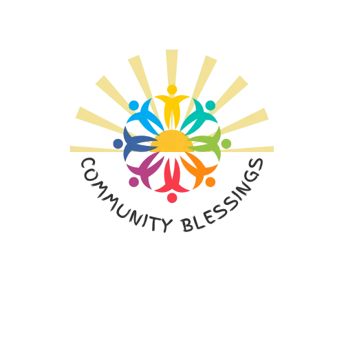 Community Blessings logo with colorful people art holding hands around the sun