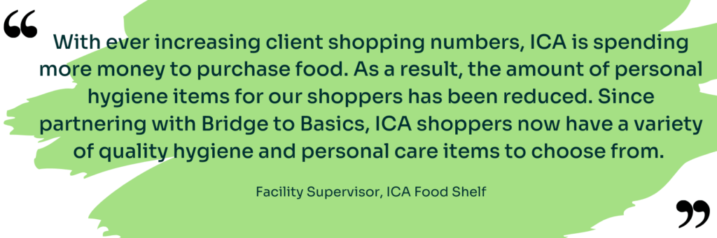 quote from ICA Food Shelf on rising costs and shoppers and availability of hygiene